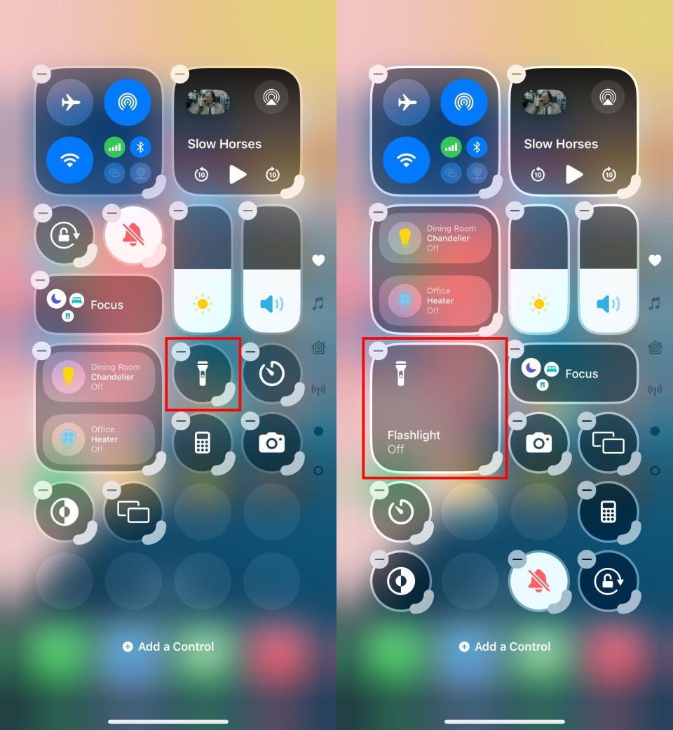 Two iOS 18 screenshots editing the Control Center icons. The Flashlight button is small and round at left, and expanded to fill the space of four icons at right.