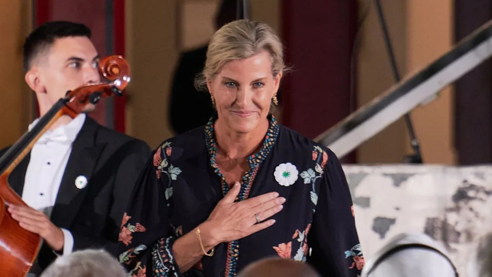 Sophie, Duchess of Edinburgh visits Bosnia, she is wearing a Srebrenica Flower pin .