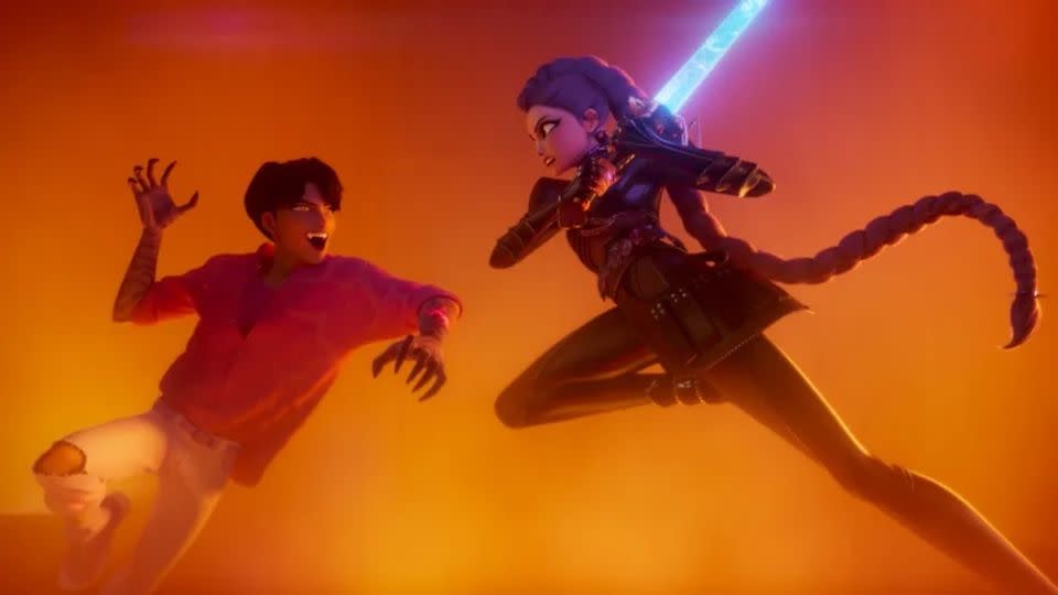 Jinu lucha contra Rumi en una escena de