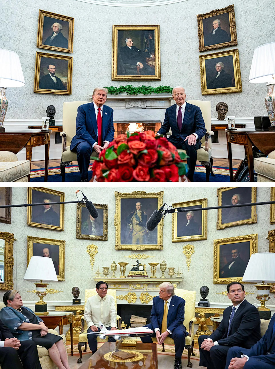 Donald Trump and Joe Biden in Nov. 13, 2024; Donald Trump and Filipino President Ferdinand Marcos Jr. in July 22. (Getty Images)