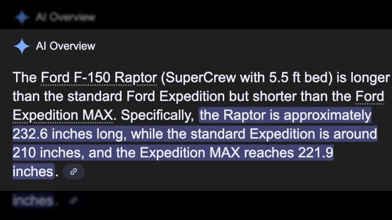 Google AI Overview incorrectly compares the lengths of the Ford F-150 Raptor and Expedition Max.