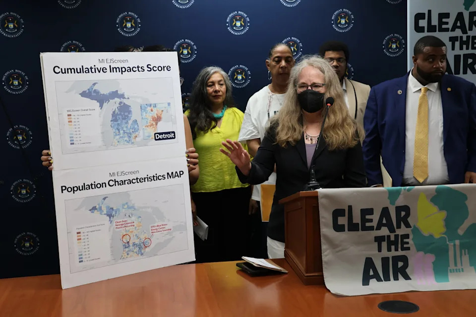  Kathryn Savoie, director of equity and environmental justice at the Ecology Center showcases examples of Michigan’s environmental justice screening tool, which lawmakers are hoping to incorporate into state regulators process in reviewing environmental permits. July 29, 2025. | Photo by Kyle Davidson/Michigan Advance