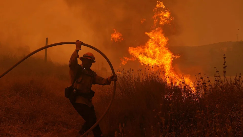 A firefighter carries a hose toward a wildfire that's burning in the background