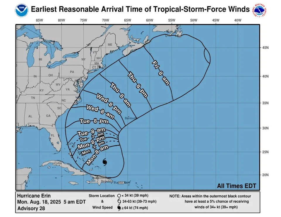 The forecast for Hurricane Erin winds.