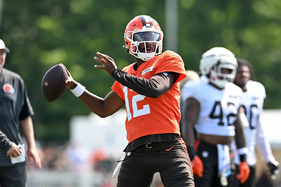 Shedeur Sanders (12) of the Cleveland Browns is behind a few other quarterbacks on the depth chart. (Photo by Nick Cammett/Getty Images)