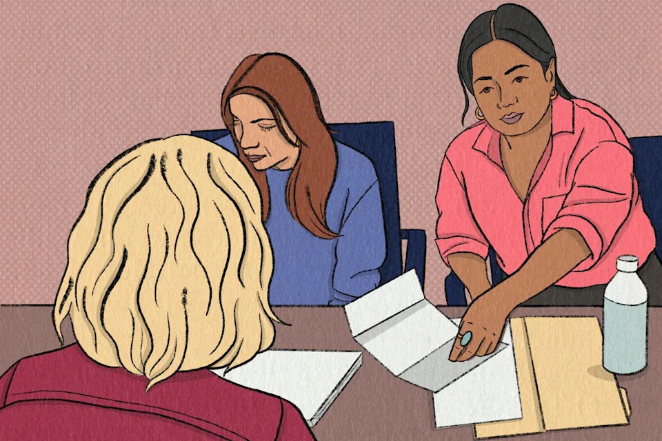 illustration of people reviewing and exchanging paperwork.