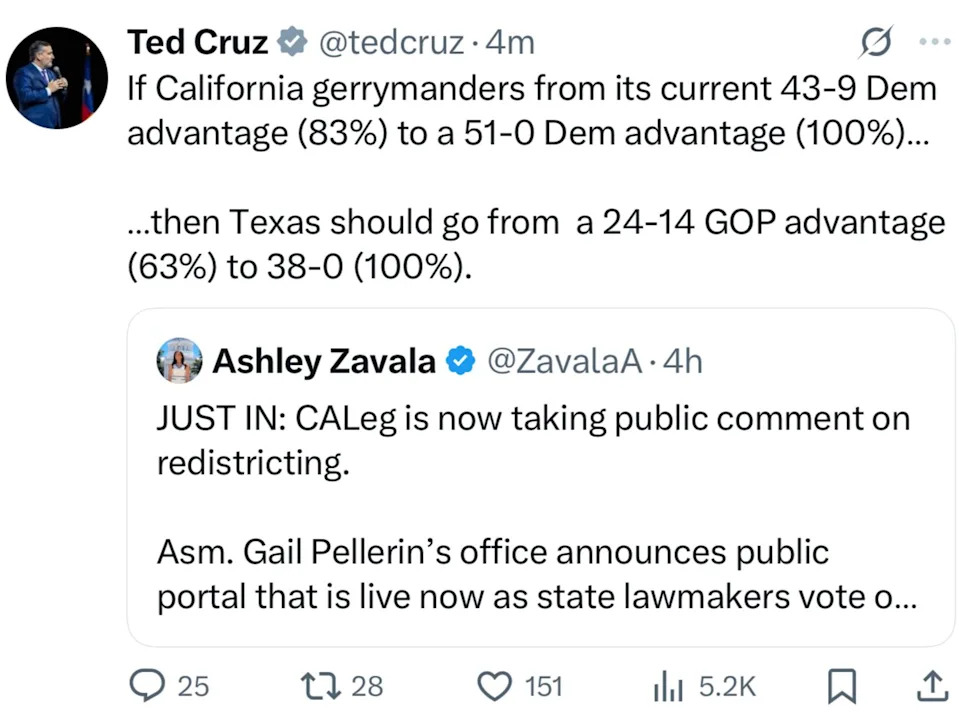 Tweet exchange about gerrymandering, highlighting a message from Ted Cruz suggesting Texas GOP reallocation if California moves to a higher Democrat advantage