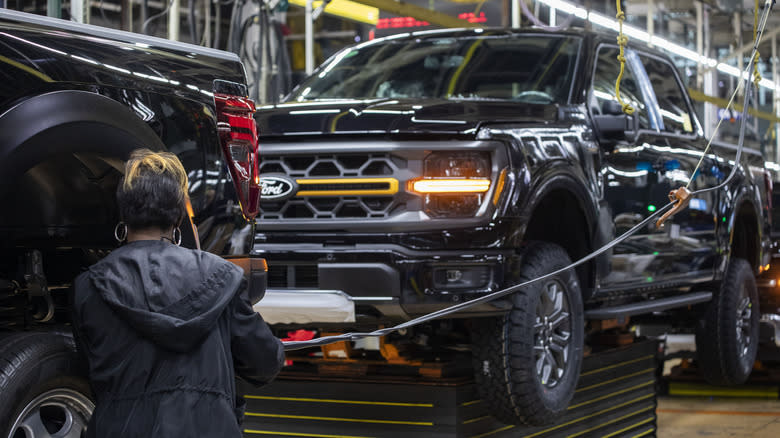 The new Ford F-150 truck goes through the assembly line at the Ford Dearborn Plant on April 11, 2024 in Dearborn, Michigan.