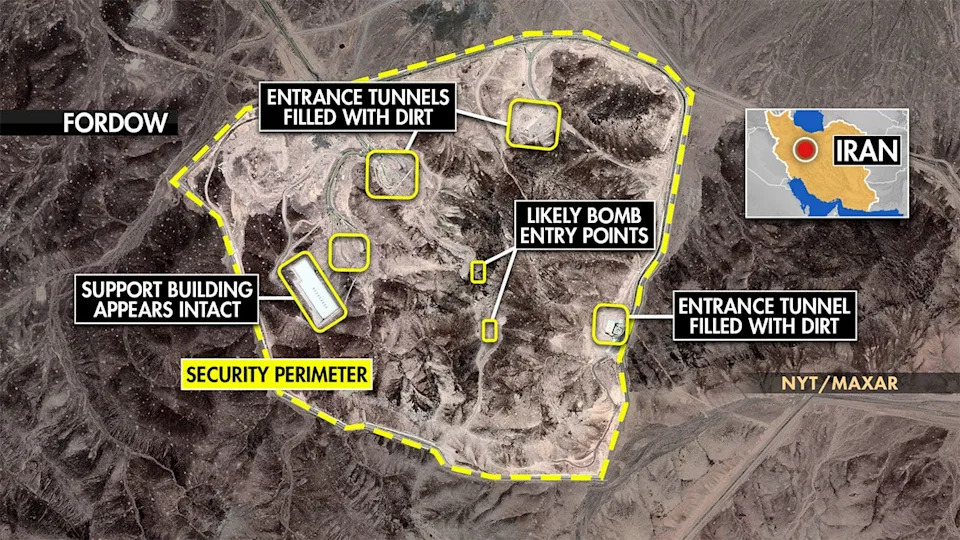 A map shows damage to Iran's Fordow nuclear site after being struck by the United States in Operation Midnight Hammer.
