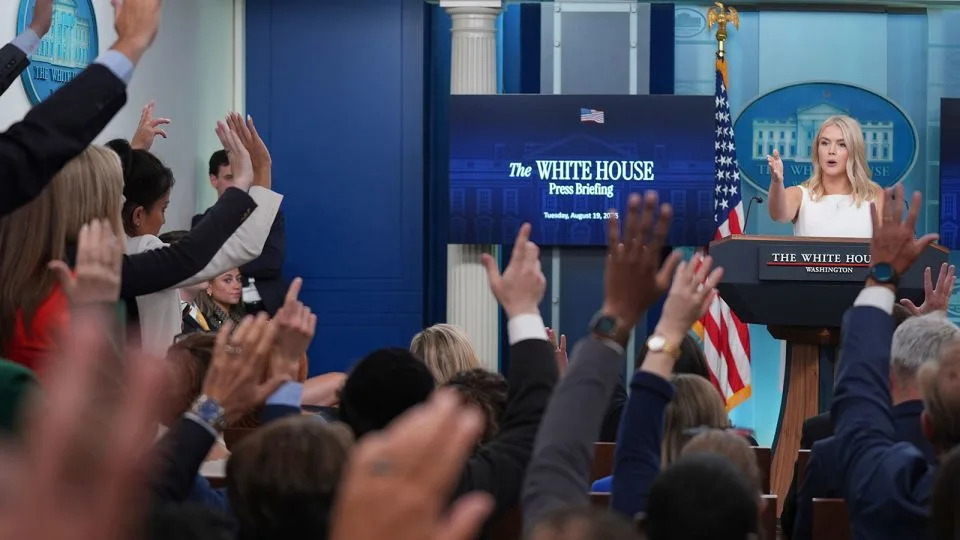 White House Press Secretary Karoline Leavitt speaks with reporters during a briefing at the White House, on Tuesday, August 19, in Washington, DC. - Evan Vucci/AP