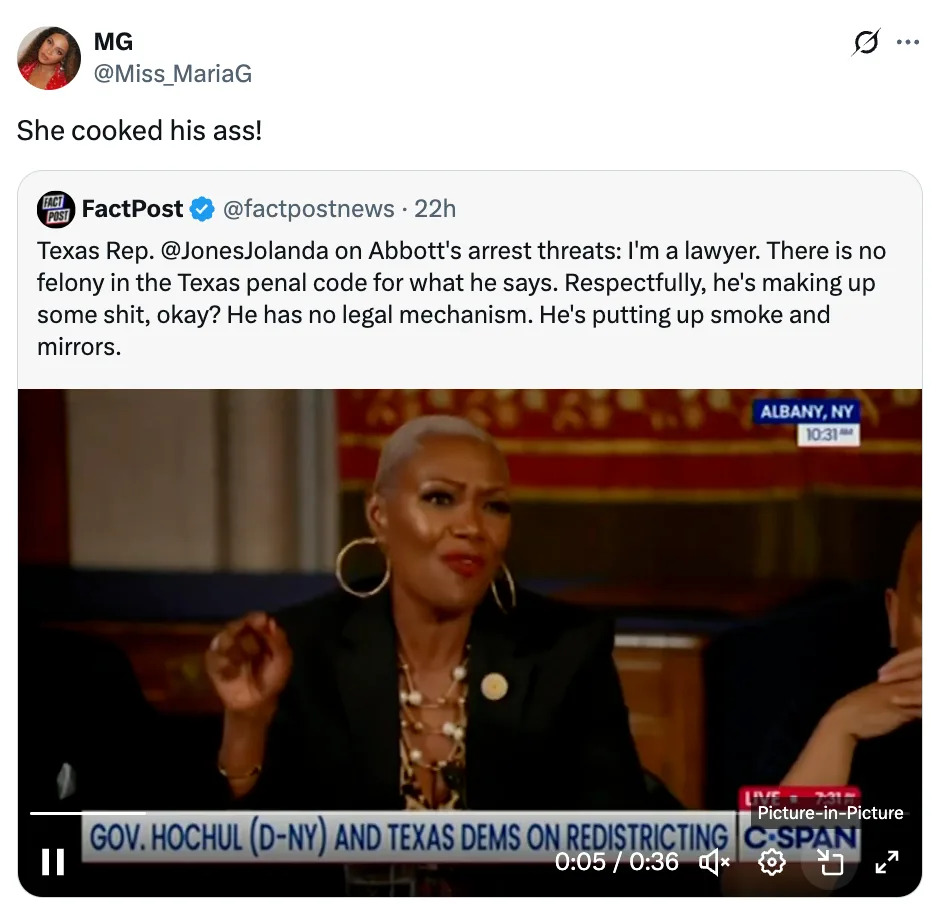 Screenshot of a tweet by MG, quoting a news video clip with a Texas representative discussing Governor Abbott's arrest threats and legal mechanisms