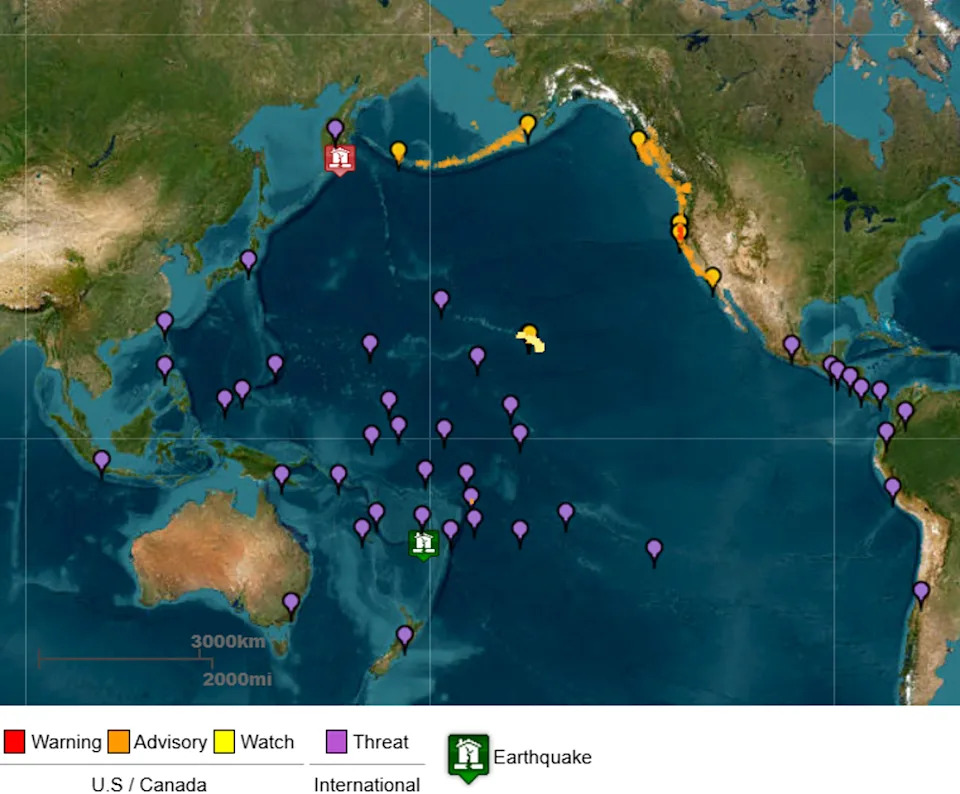 Map showing areas with warnings, watch and threat notices (US Tsunami Warning Centre)