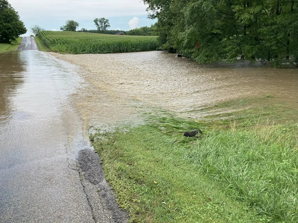 Flooding overtakes Stringtown Road in Fairfield County on July 27, 2025.