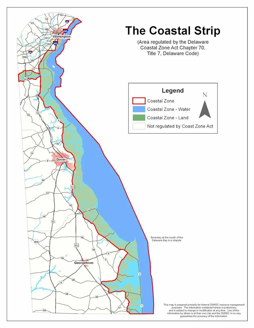 The Delaware Coastal Zone is shown in light green along the state's coast and the Chesapeake and Delaware Canal.