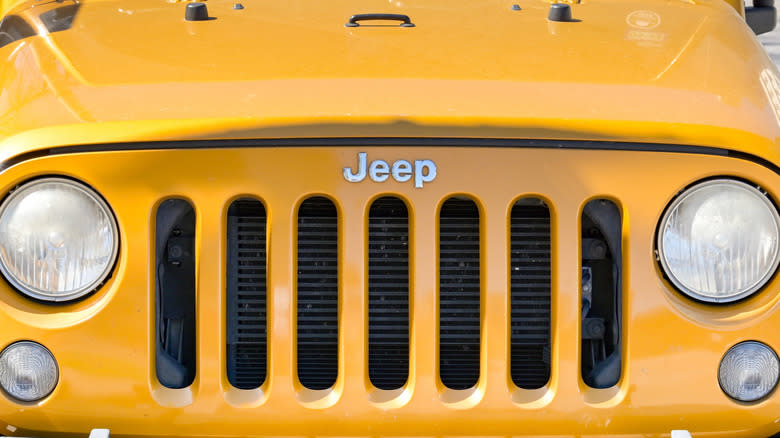 The iconic seven-slat grill on a Jeep Wrangler.
