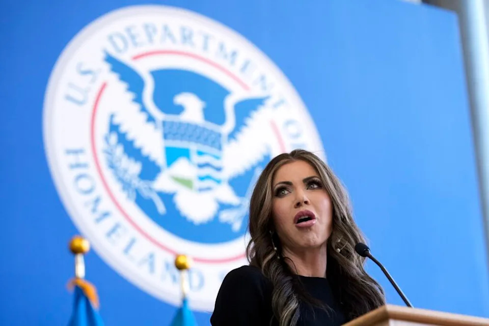 U.S. Homeland Security Secretary Kristi Noem delivers remarks to staff at the Department of Homeland Security headquarters on Jan. 28, 2025 in Washington, D.C. (Photo by Manuel Balce Ceneta-Pool/Getty Images)