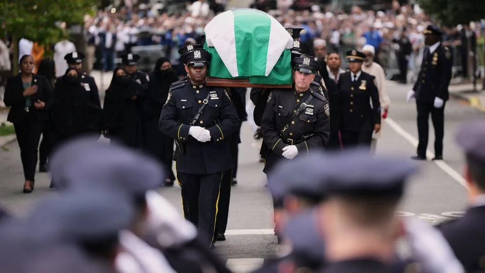 Pallbearers with the NYPD Ceremonial Unit carry the casket bearing the remains of Officer Didarul Islam during his funeral on July 31, 2025, in New York. - Angelina Katsanis/AP