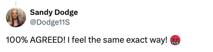 Tweet by Sandy Dodge (@Dodge11S) saying, "100% AGREED! I feel the same exact way!" with an angry face emoji