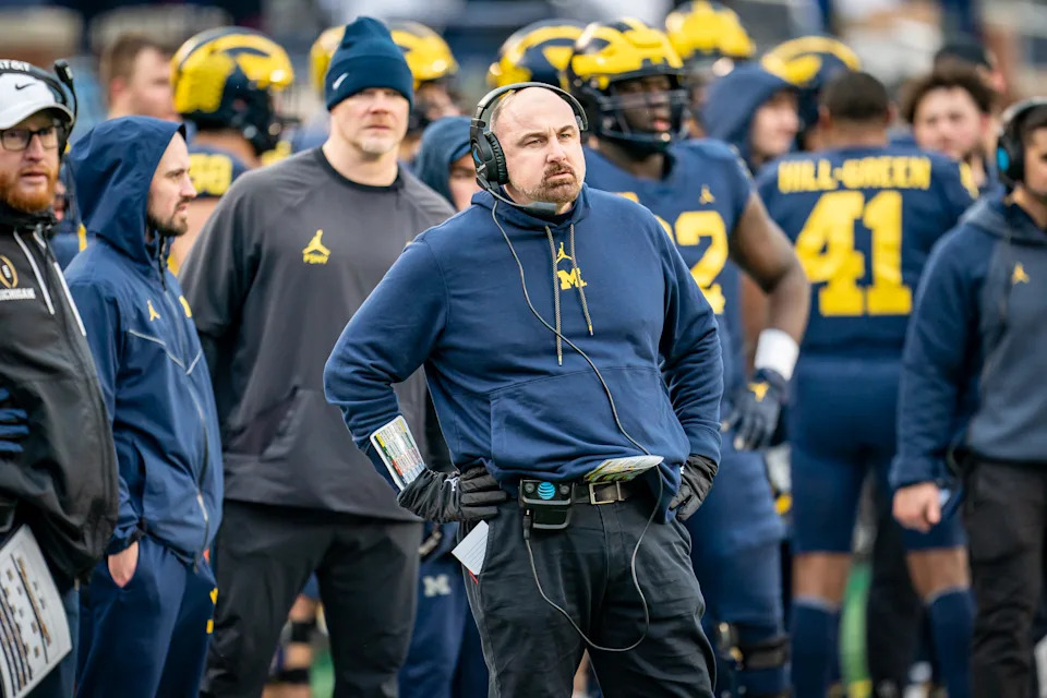 ANN ARBOR, MI - APRIL 01: Linebackers Coach Chris Partridge looks on during the fourth quarter of the Michigan Football spring game at Michigan Stadium on April 1, 2023 in Ann Arbor, Michigan. (Photo by Jaime Crawford/Getty Images)