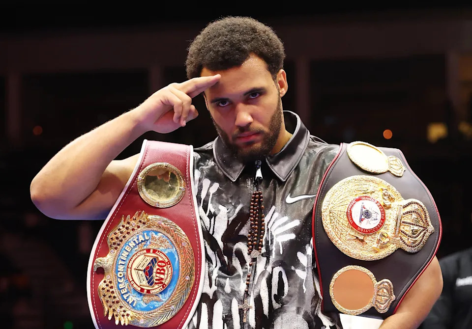 RIYADH, SAUDI ARABIA - AUGUST 16: Moses Itauma pose for a photo with the belts after the WBO Inter-Continental Heavyweight title fight between Moses Itauma and Dillian Whyte on the ESports World Cup fight night at the ANB arena on August 16, 2025 in Riyadh, . (Photo by Richard Pelham/Getty Images)