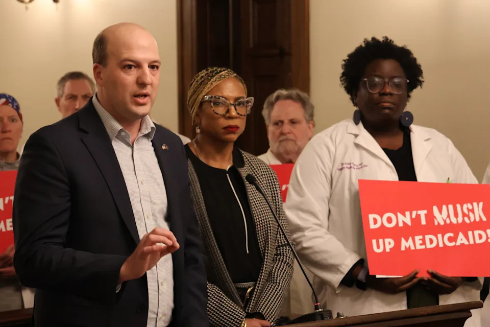 State Sen Kevin Hertel (D-St. Clair Shores) at a Lansing press conference discussing the Trump administration’s proposed Medicaid cuts. March 20, 2025. Photo by Kyle Davidson.