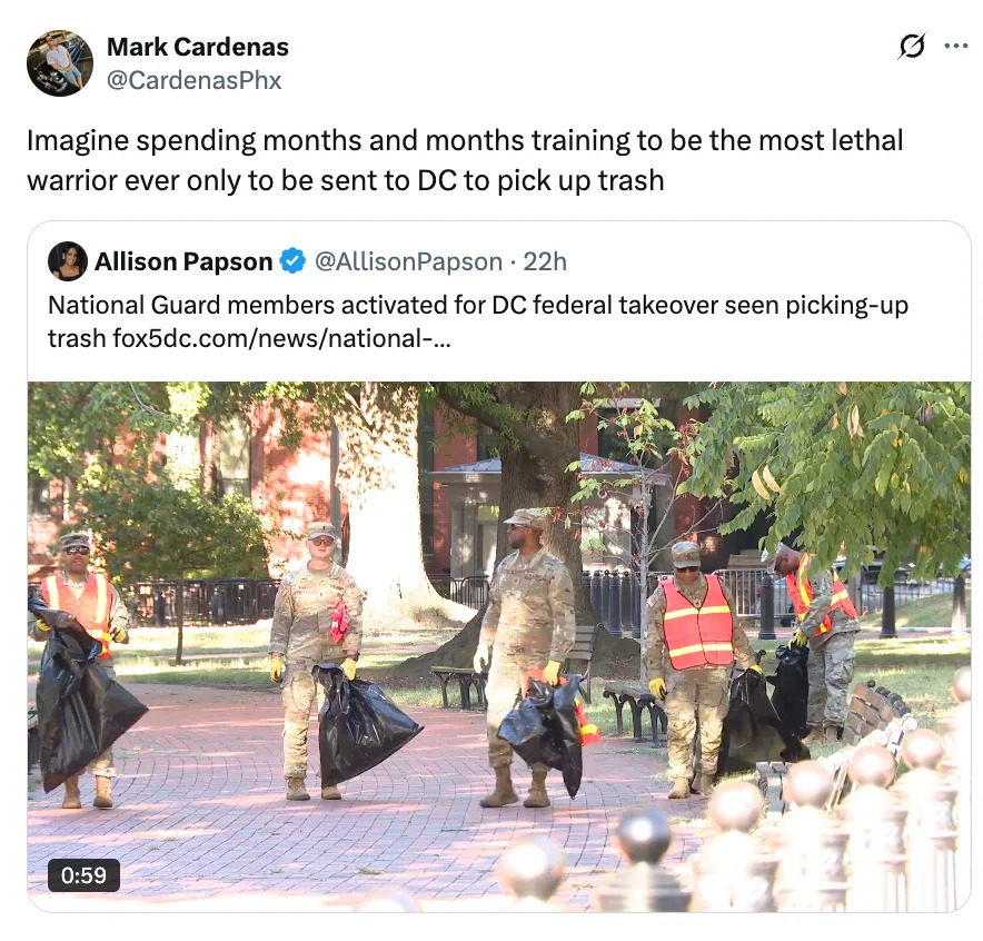 Tweet showing National Guard members picking up trash in DC. The caption humorously comments on their training and current task