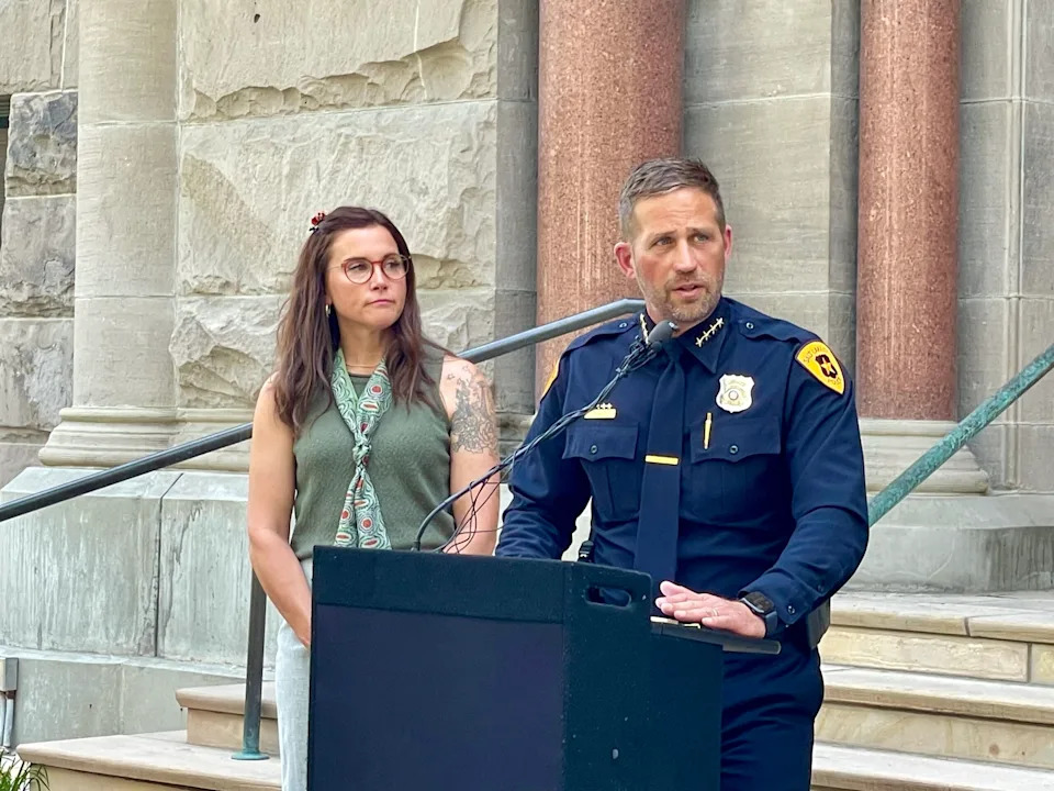 Salt Lake City Mayor Erin Mendenhall (left) and Salt Lake City Police Chief Brian Redd hold a news conference outside City Hall in Salt Lake City to urge the Utah Legislature to support more funding for homeless services on Aug. 13, 2025. (Katie McKellar/Utah News Dispatch)