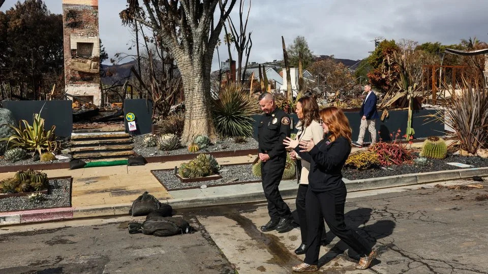 Kamala Harris tours a damaged neighborhood with Los Angeles County officials following the Palisades fire on February 6. - Robert Gauthier/Los Angeles Times/Getty Images