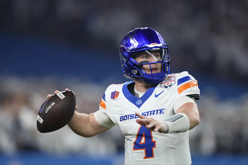 GLENDALE, ARIZONA - DECEMBER 31: Maddux Madsen #4 of the Boise State Broncos throws a pass during the Vrbo Fiesta Bowl against the Penn State Nittany Lions at State Farm Stadium on December 31, 2024 in Glendale, Arizona. (Photo by Christian Petersen/Getty Images)