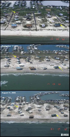 Images show how Hurricane Katrina eroded the beach on Dauphin Island. / Credit: USGS