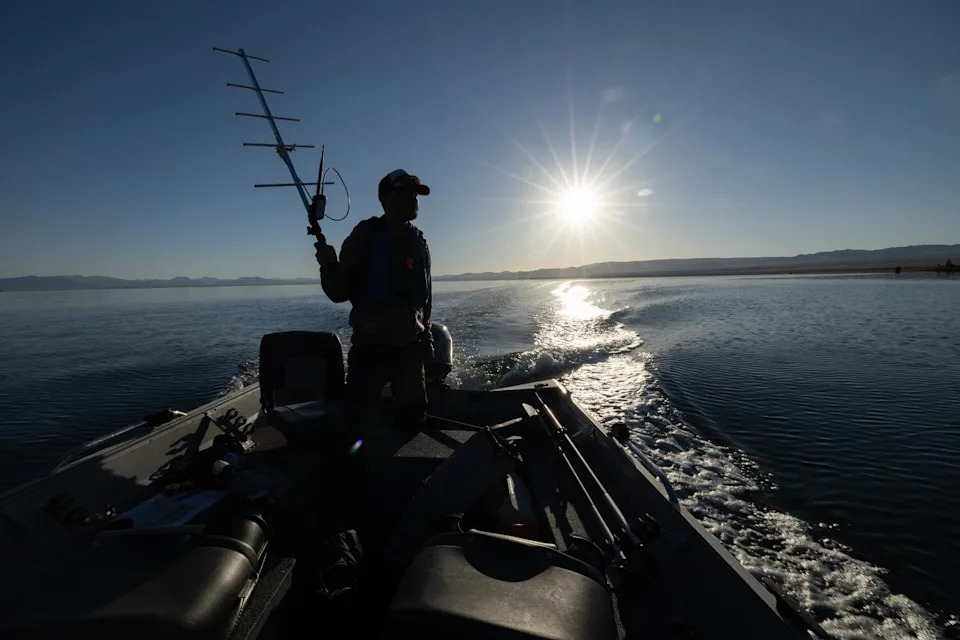 A man in a cap, seen in shadow, holds an antenna in a boat on a lake, with the sun low on the horizon