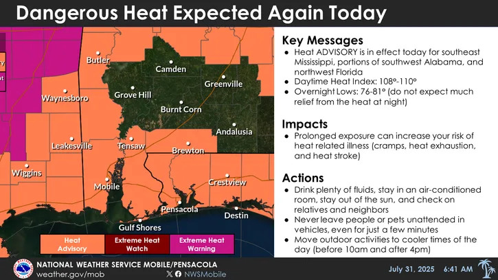A heat advisory has been issued for Escambia, Santa Rosa and Okaloosa counties until 6 p.m. on Thursday.