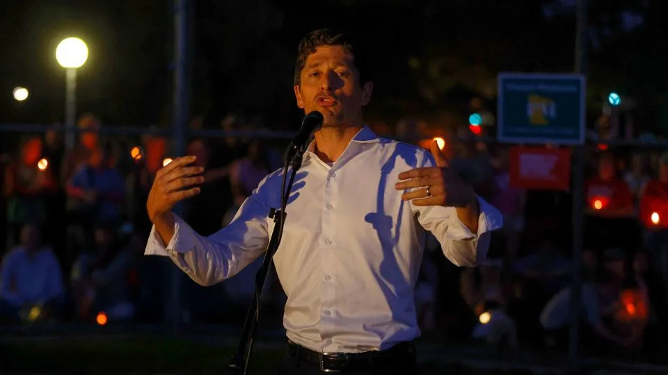 Minneapolis Mayor Jacob Frey speaks at a vigil at Lynnhurst Park after a shooting at the Annunciation Catholic School Wednesday, in Minneapolis. - Bruce Kluckhohn/AP
