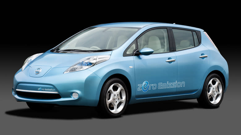 Front view of a blue first-generation Nissan Leaf EV