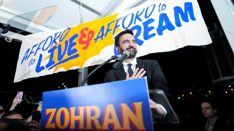 Zohran Mamdani speaks during a watch party for his primary election in New York on June 25. - David Delgado/Reuters