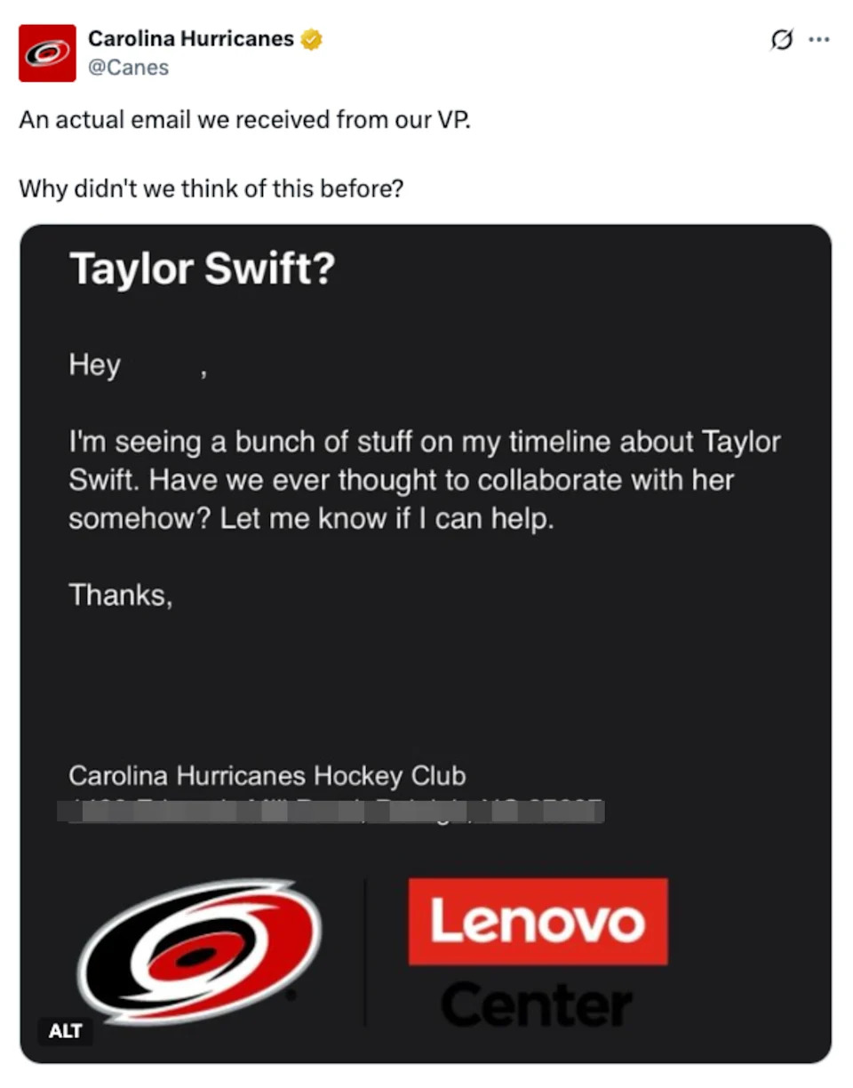 Carolina Hurricanes tweet sharing a humorous email suggestion to collaborate with Taylor Swift, featuring the team's logo and Lenovo branding