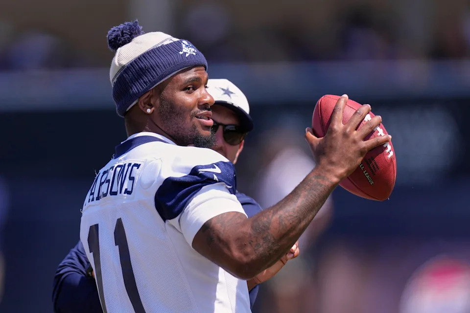 Dallas Cowboys defensive end Micah Parsons stands on the field during a training camp scrimmage against the Los Angeles Rams, Tuesday, Aug. 5, 2025, in Oxnard, Calif. (AP Photo/Mark J. Terrill)