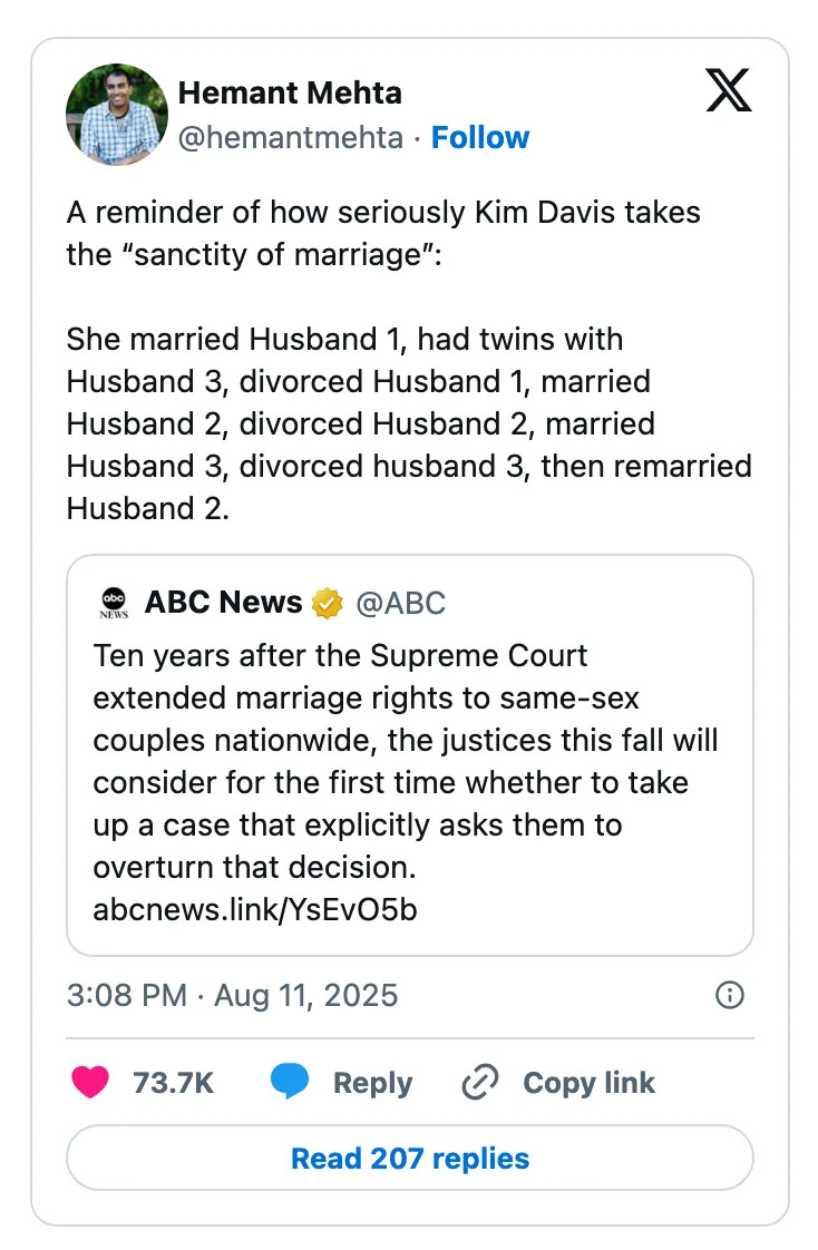 Tweet by Hemant Mehta about Kim Davis's complex marital history followed by an ABC News tweet on a related Supreme Court case