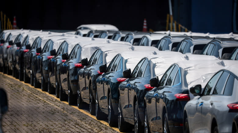 BREMERHAVEN, GERMANY - AUGUST 11: New cars stand parked behind a fence the automotive terminal on August 11, 2025 in Bremerhaven, Germany. Following an agreement between the European Union and the administration of U.S. President Donald Trump, a tariff of 15% on most imports from the EU to the US, including automobiles and parts, went into effect on August 7. Some items face no tariffs, while steel and aluminum are tagged with a 50% tariff.