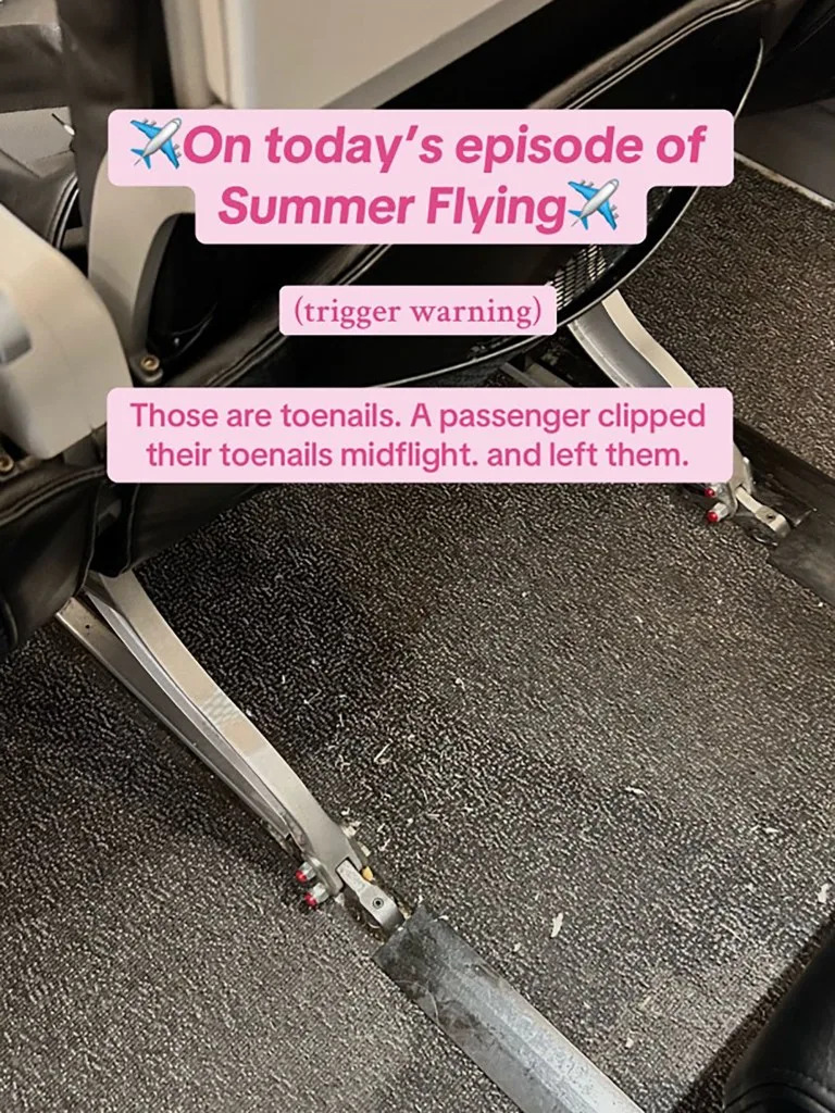 Leanna Coy, a Connecticut-based flight attendant, shared shocking images of the toenail clippings a disgusting passenger left behind after a recent flight. TikTok / @leannacoy