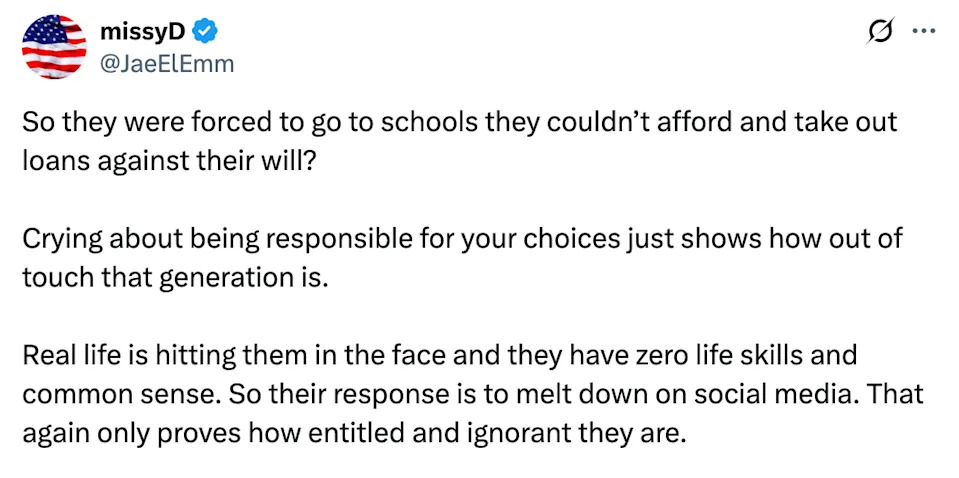 Tweet questioning older generations' complaints about schools and loans, suggesting they lack responsibility and life skills, and criticizing their reactions