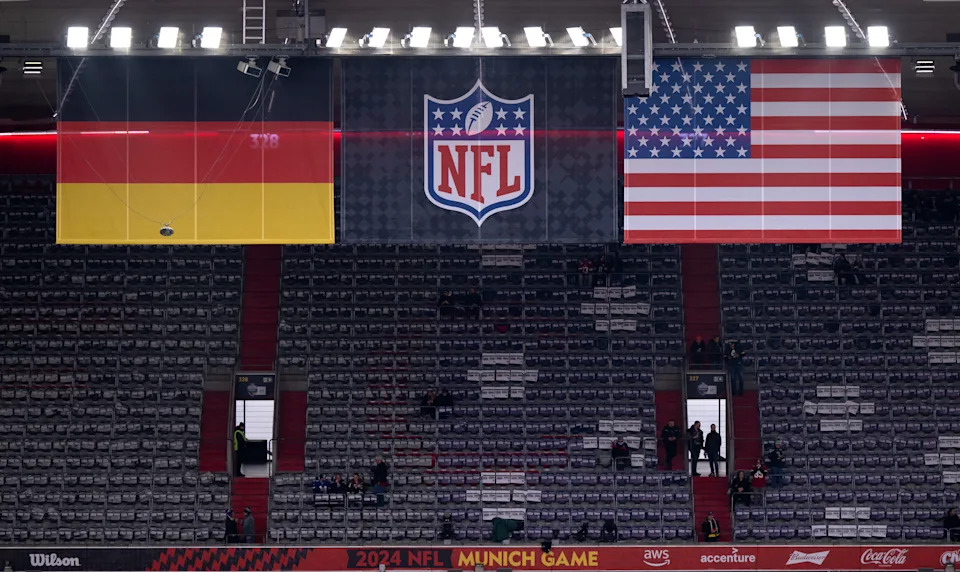 10 November 2024, Bavaria, Munich: American Football, NFL, Carolina Panthers - New York Giants, Matchday 10, Main Round at the Allianz Arena: The NFL logo can be seen before the game at the Allianz Arena. Photo: Sven Hoppe/dpa (Photo by Sven Hoppe/picture alliance via Getty Images)