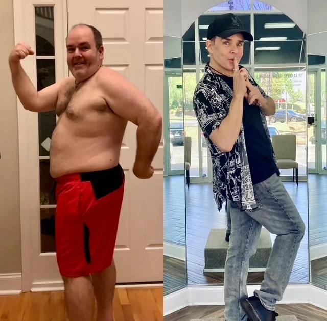 Two side-by-side photos show a person's weight loss transformation. Left: shirtless, flexing in shorts. Right: wearing jeans, black shirt, patterned open shirt, and a hat