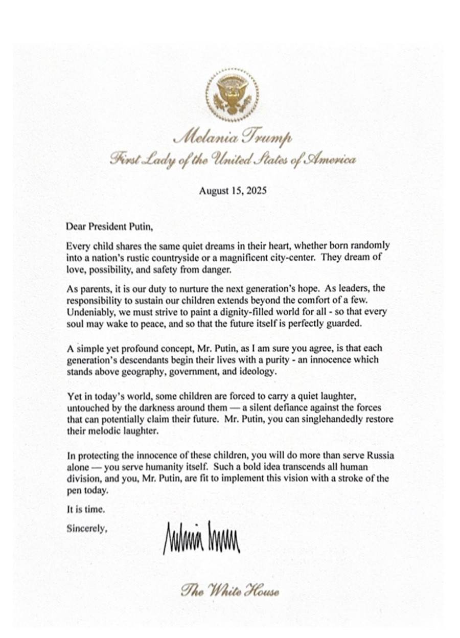 Ông Trump công bố toàn văn bức thư bà Melania gửi Tổng thống Nga Putin