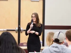 Oklahoma Education Secretary Nellie Tayloe Sanders speaks during a forum with Jenks High School students at the Jenks Public Schools Math and Science Center on Nov. 13. (Photo by Nuria Martinez-Keel/Oklahoma Voice)