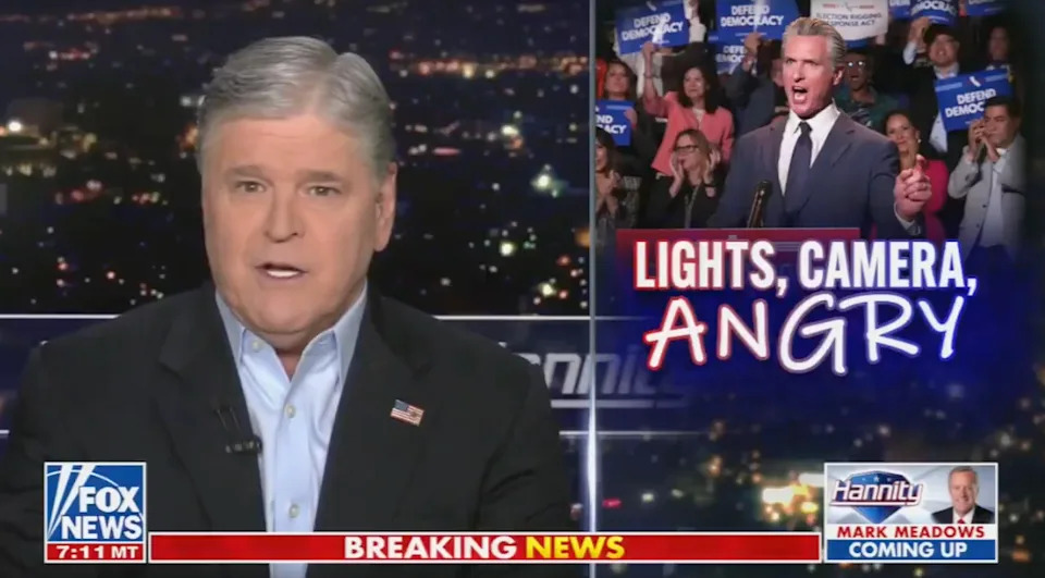 TV host discusses political event; headline reads "Lights, Camera, Angry" with image of speaker addressing a crowd