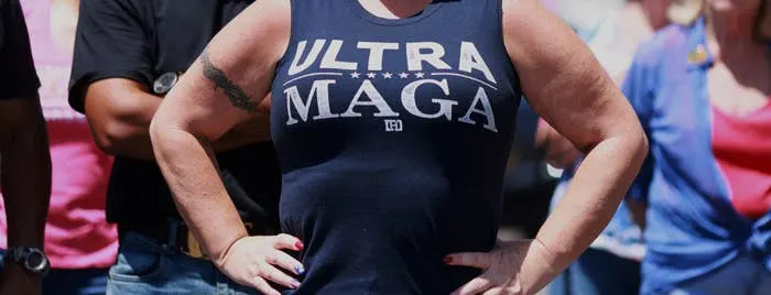 A supporter of former US president and Republican presidential candidate Donald Trump wears an "Ultra Maga" shirt