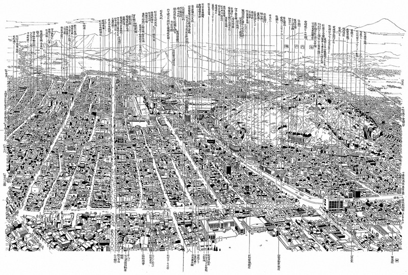 愛媛県美術館で展示する、全て手書きの「真鍋博の鳥の眼」シリーズ「松山市」（1968年）＝同館蔵