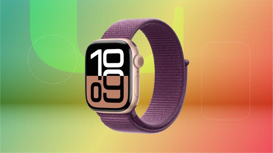 Apple Watch 10 in rose gold with plum band against green, yellow and red orange gradient.