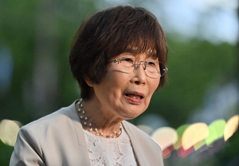 G7首脳らとの面会後、記者の質問に答える被爆者の小倉桂子さん=広島市中区で2023年5月19日午後6時59分、北山夏帆撮影